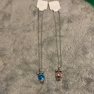Silver Owl Pendant Necklace with Blue and Pink Accents
